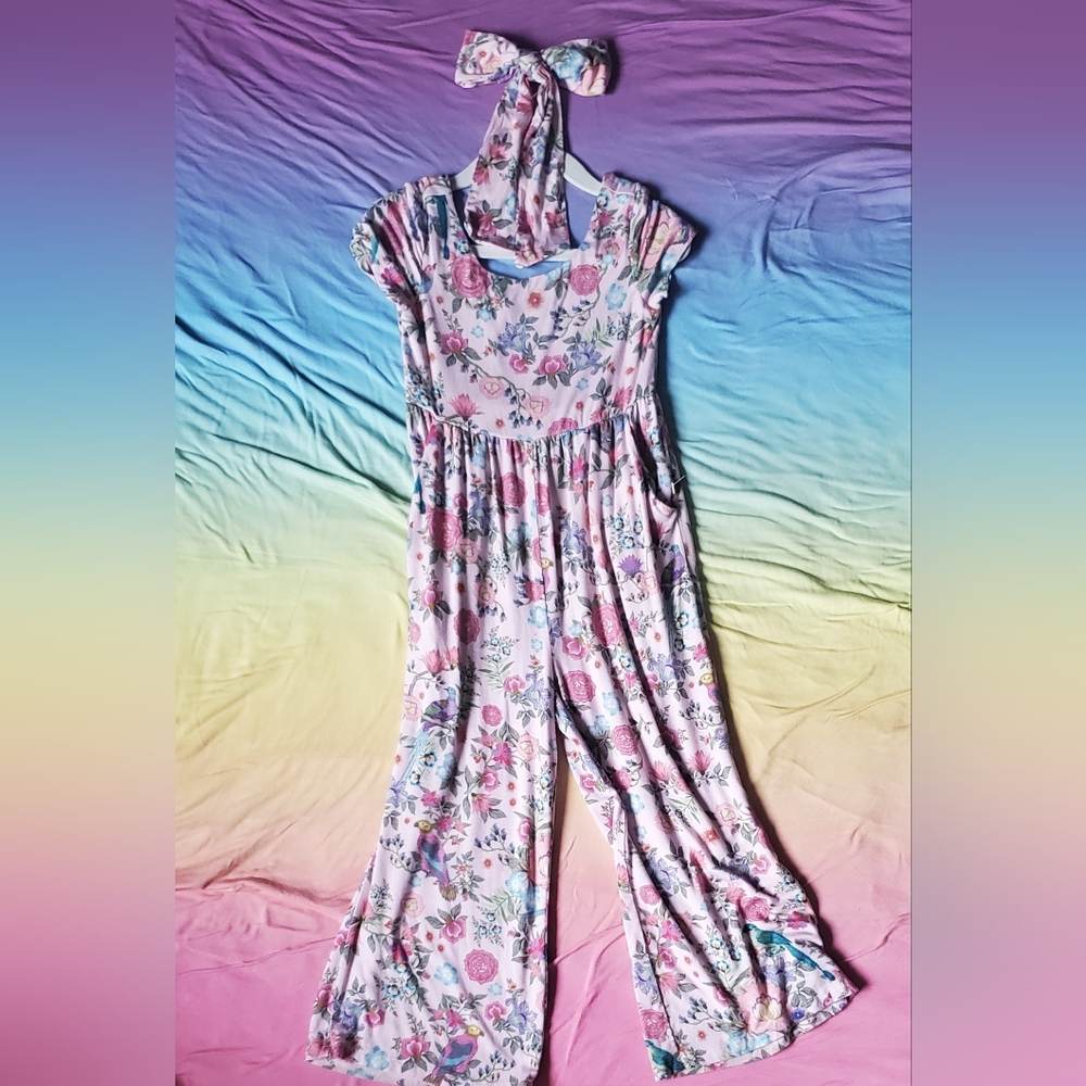 Posh Peanut Floral Jumpsuit with Headband - Pink and Blue